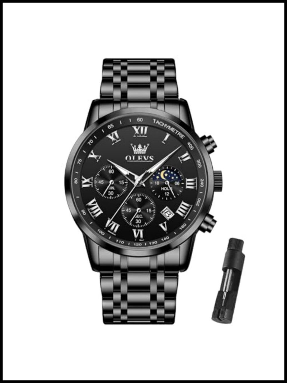 Men's Stainless Steel Chronograph Watch Big Face Roman Numerals Analog Quartz